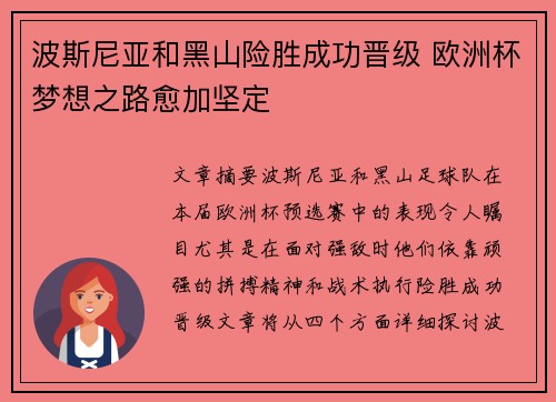 波斯尼亚和黑山险胜成功晋级 欧洲杯梦想之路愈加坚定