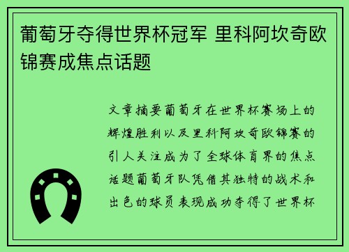 葡萄牙夺得世界杯冠军 里科阿坎奇欧锦赛成焦点话题