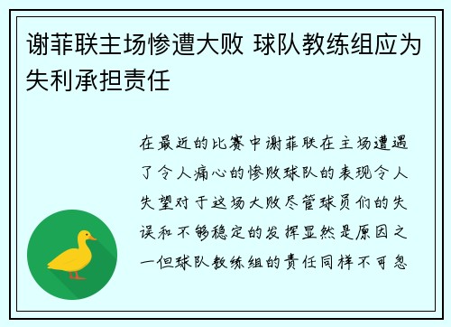谢菲联主场惨遭大败 球队教练组应为失利承担责任