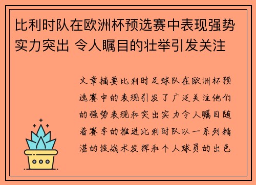 比利时队在欧洲杯预选赛中表现强势实力突出 令人瞩目的壮举引发关注
